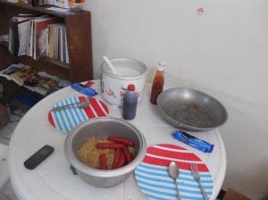 Thanksgiving feast of ramen noodles and hot dogs!  Nummy!!