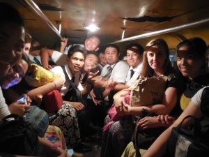 Elder Burbidge's fellow missionaries and friends packed into a Jeepney (public transportation)