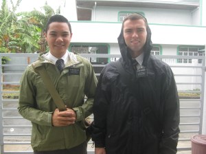 Elder Baylon and Elder Burbidge getting soaked!